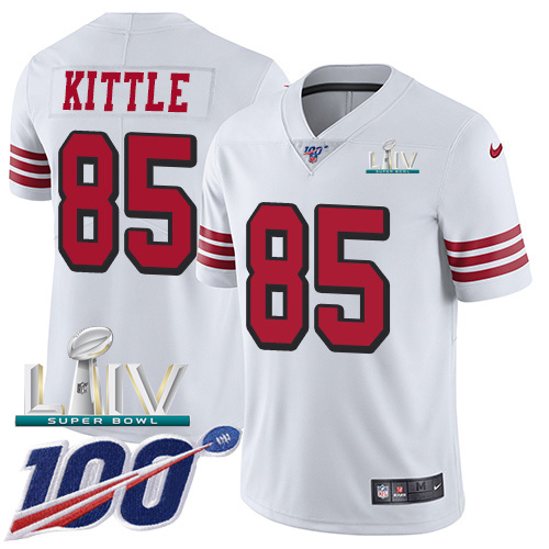San Francisco 49ers Nike 85 George Kittle White Super Bowl LIV 2020 Rush Men Stitched NFL Limited 100th Season Jersey